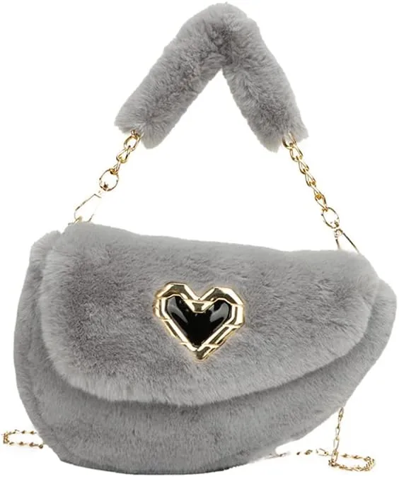 Fashion Plush Crossbody Bag For Women, Saddle Purse Wallet, Faux Fur Soft Handbag for Winter, Lovely Heart Shoulder Chain Bag