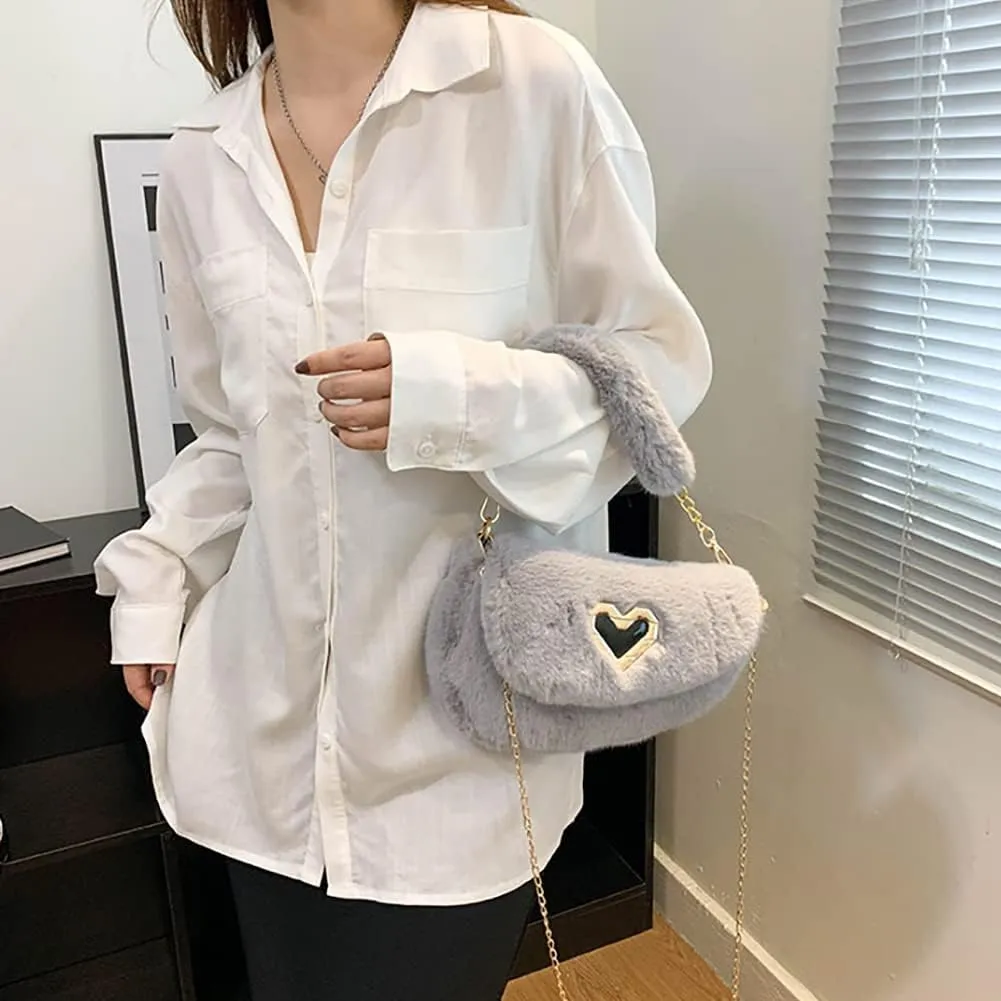 Fashion Plush Crossbody Bag For Women, Saddle Purse Wallet, Faux Fur Soft Handbag for Winter, Lovely Heart Shoulder Chain Bag