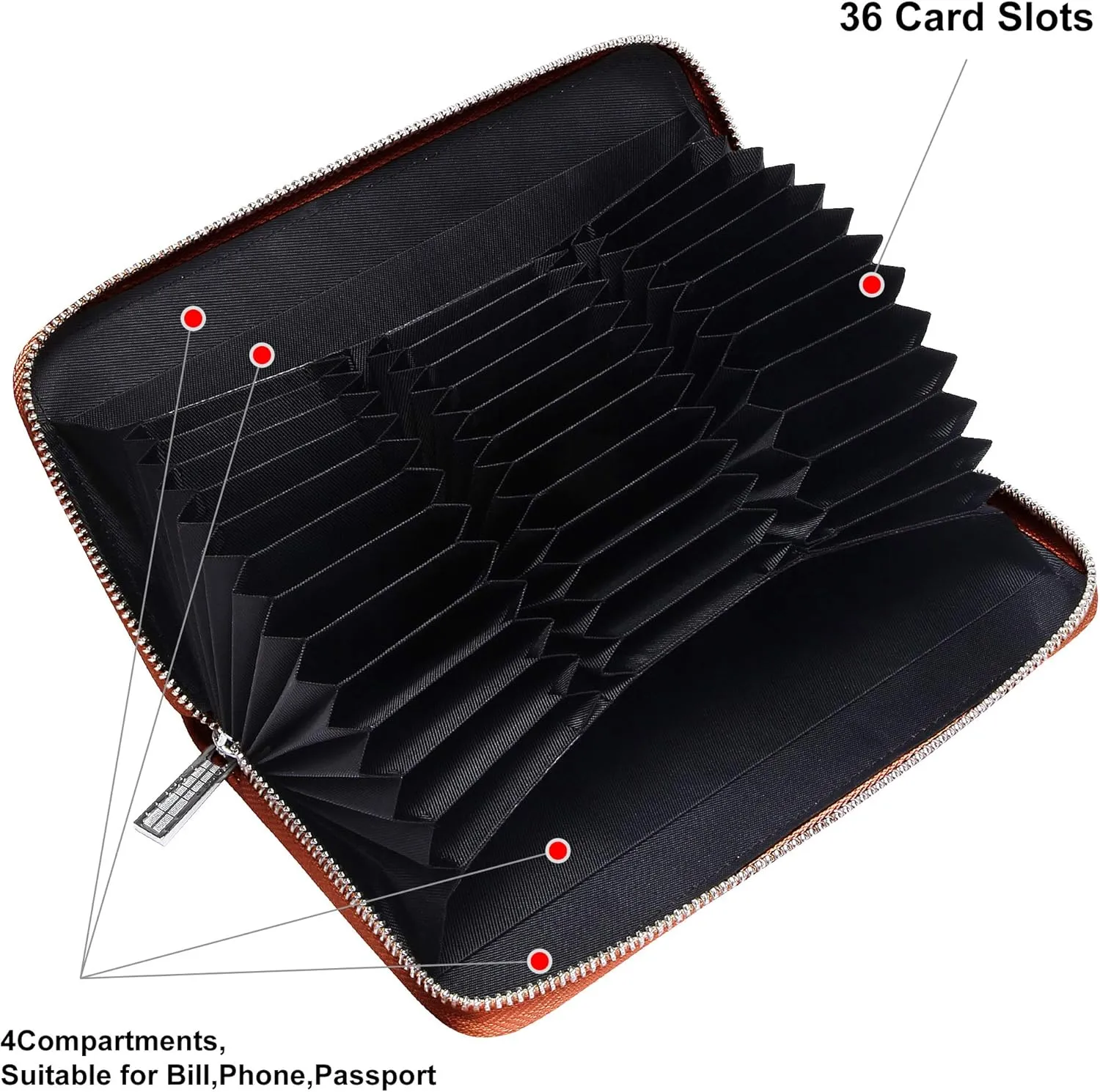 FEITH&FELLY Large Capacity Credit Card Wallets for Women Long Leather RFID Blocking Accordion Wallet Zip Organizer 36 Slots
