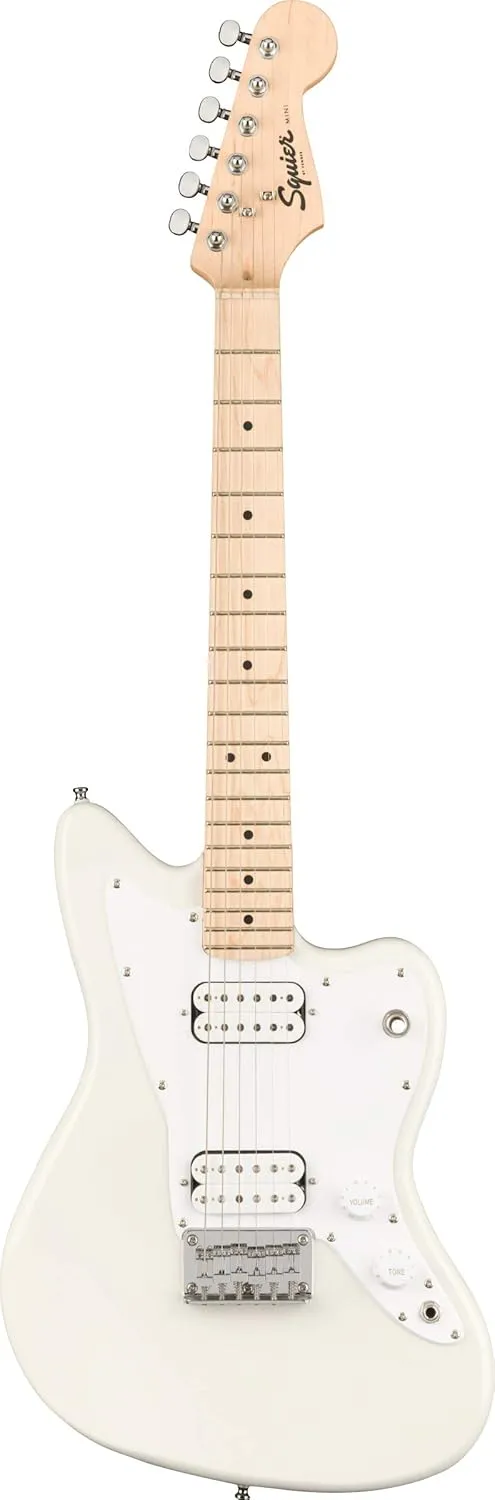 Fender Squier 3/4-Size Kids Mini Jazzmaster Electric Guitar Learn-to-Play - Olympic White Bundle with Amp, Cable, Tuner, Strap, Picks, Fender Play Online Lessons, and Austin Bazaar Instructional DVD