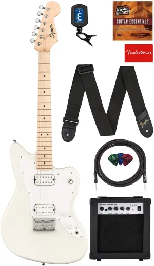 Fender Squier 3/4-Size Kids Mini Jazzmaster Electric Guitar Learn-to-Play - Olympic White Bundle with Amp, Cable, Tuner, Strap, Picks, Fender Play Online Lessons, and Austin Bazaar Instructional DVD