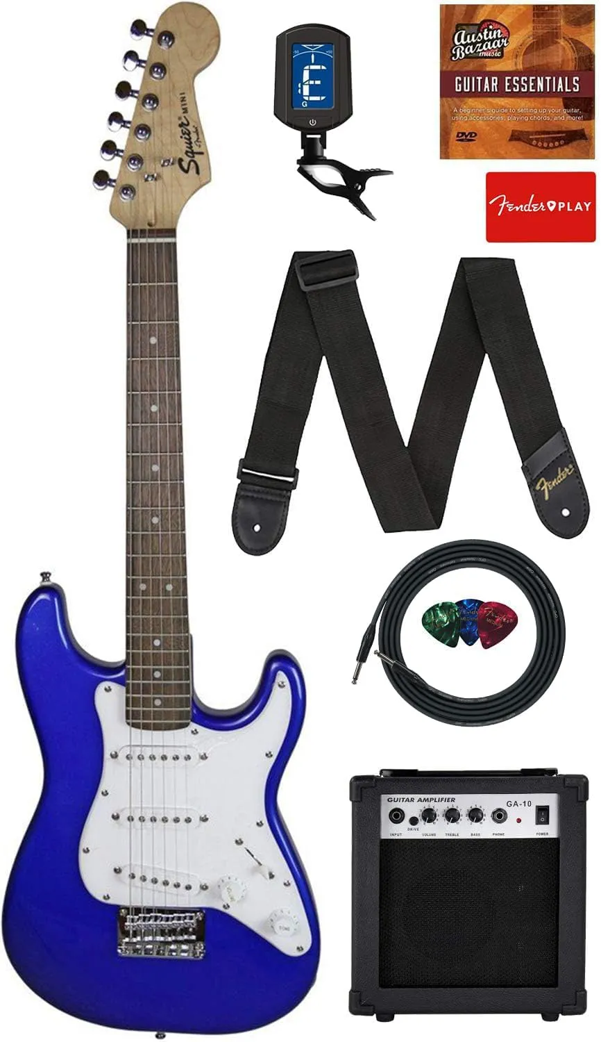 Fender Squier 3/4-Size Kids Mini Strat Electric Guitar - Imperial Blue Bundle with Amplifier, Cable, Tuner, Strap, Picks, Online Lessons, and Austin Bazaar Instructional DVD