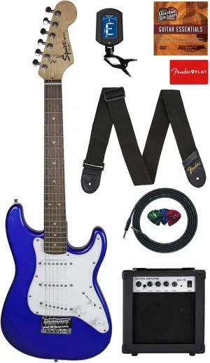 Fender Squier 3/4-Size Kids Mini Strat Electric Guitar - Imperial Blue Bundle with Amplifier, Cable, Tuner, Strap, Picks, Online Lessons, and Austin Bazaar Instructional DVD