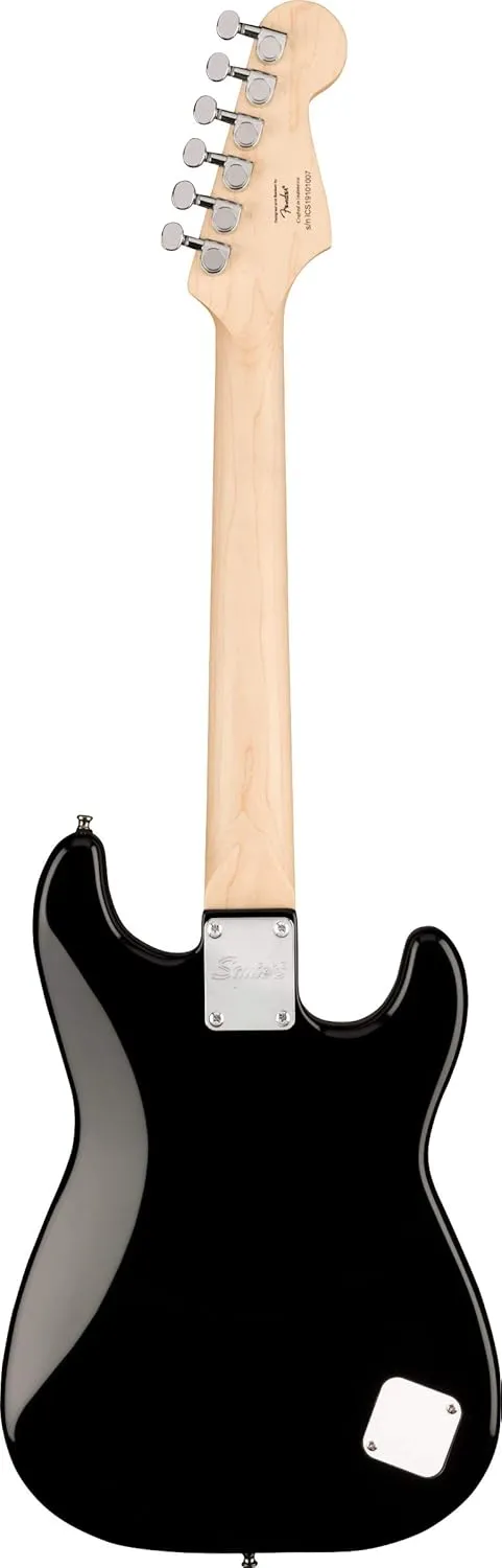Fender Squier 3/4-Size Left-Handed Kids Mini Strat Electric Guitar - Black Bundle with Amplifier, Instrument Cable, Tuner, Strap, Picks, Online Lessons, and Austin Bazaar Instructional DVD
