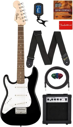 Fender Squier 3/4-Size Left-Handed Kids Mini Strat Electric Guitar - Black Bundle with Amplifier, Instrument Cable, Tuner, Strap, Picks, Online Lessons, and Austin Bazaar Instructional DVD