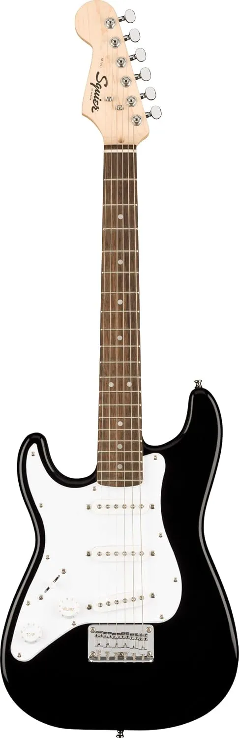 Fender Squier 3/4-Size Left-Handed Kids Mini Strat Electric Guitar - Black Bundle with Amplifier, Instrument Cable, Tuner, Strap, Picks, Online Lessons, and Austin Bazaar Instructional DVD
