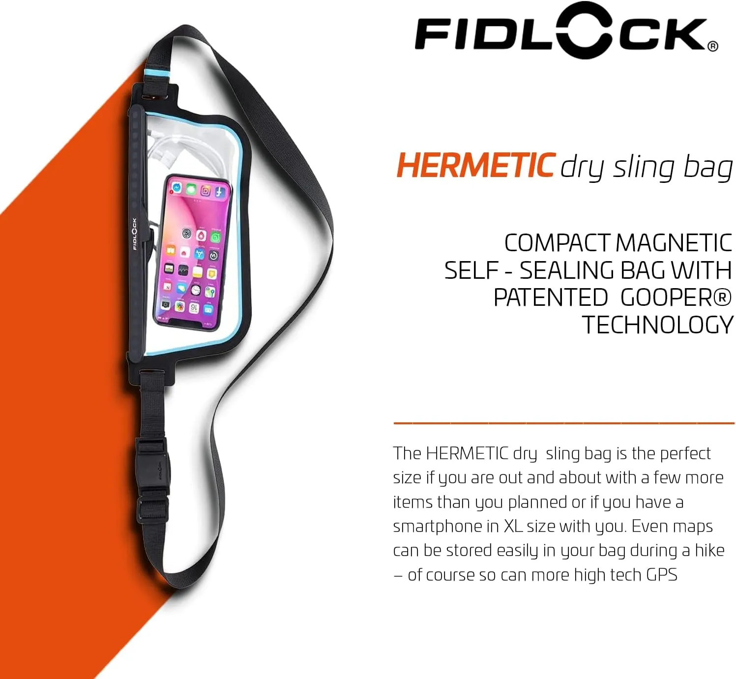 FIDLOCK Hermetic Sling Phone Dry Bag - Waterproof Pouch for Cellphone with Magnetic Self-Sealing Closure - Full Touch Functionality Through The Case - Transparent Blue