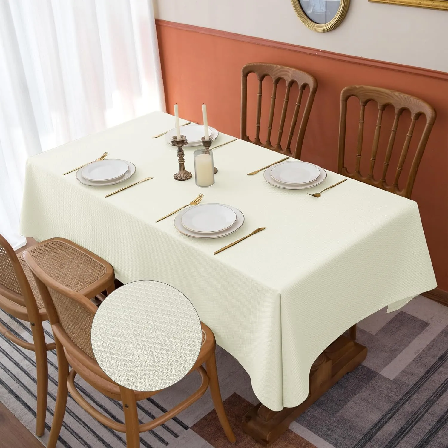 Fitable 2 Pack Textured Table Cloth for Rectangle Table - 52 x 70 inch, Beige - Waterproof Heavy Duty Fabric Tablecloth, Jacquard Decorative Table Cover for Dinner Party Banquet Event