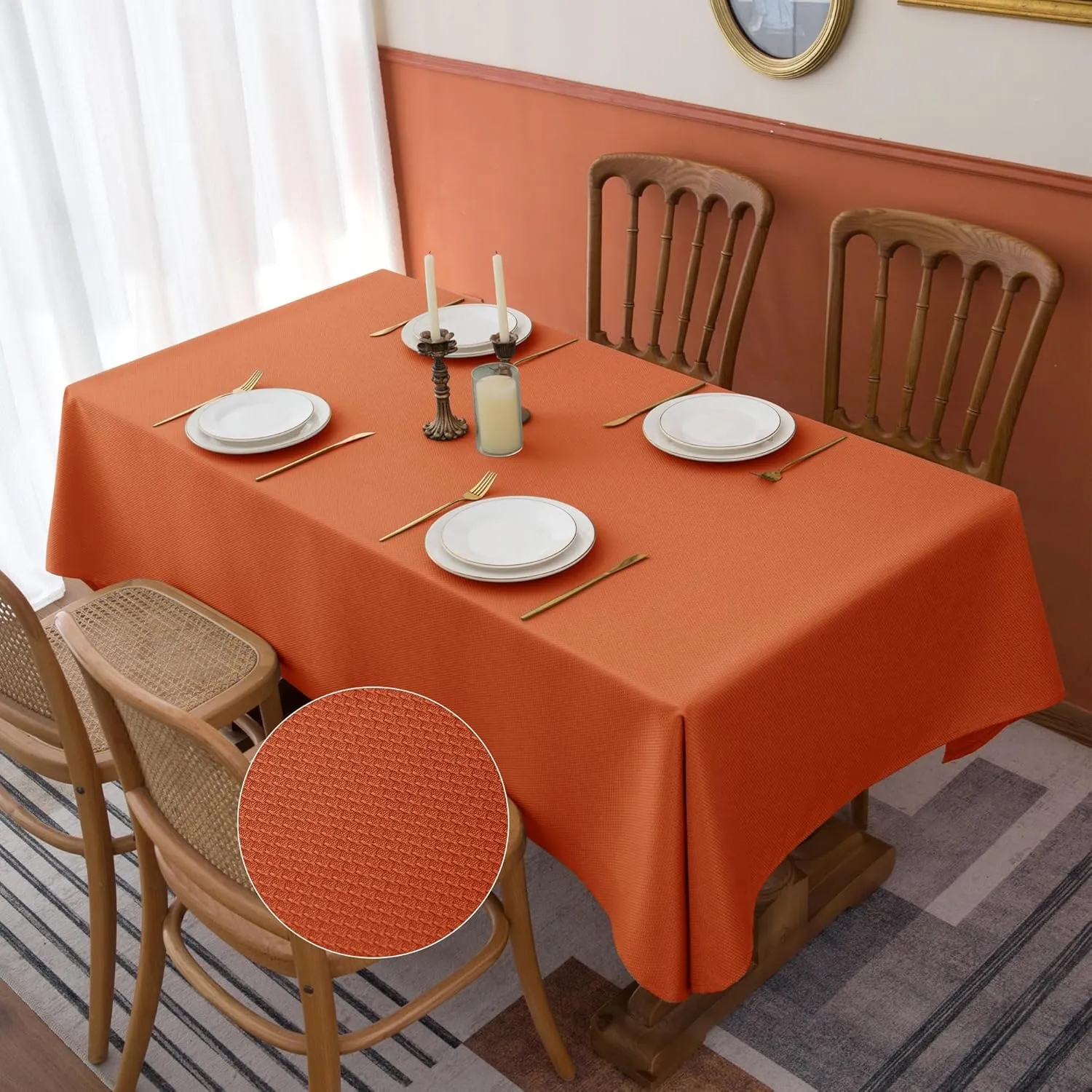 Fitable 2 Pack Textured Table Cloth for Rectangle Table - 52 x 70 inch, Rust - Waterproof Heavy Duty Jacquard Fabric Tablecloth, Thanksgiving Decorative Table Cover for Dinner Party Banquet Event