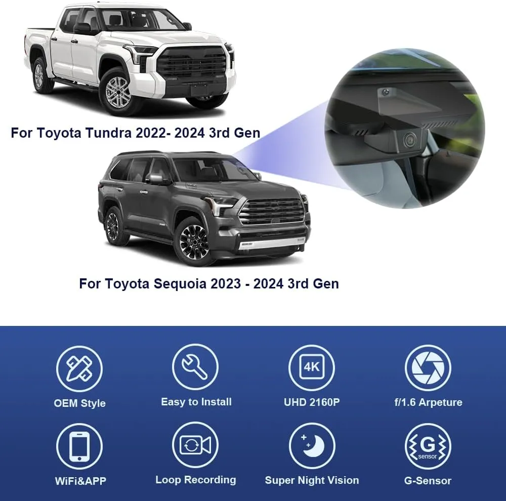 Fitcamx 4K Dash Cam for 2022-2025 Toyota Tundra & Sequoia 2023-2025 Limited SR SR5 TRD Pro Limited Platinum (Gen3), OEM Style, 2160P UHD Video, WiFi & APP, Loop Recording, G-Sensor, Plug & Play, 64GB