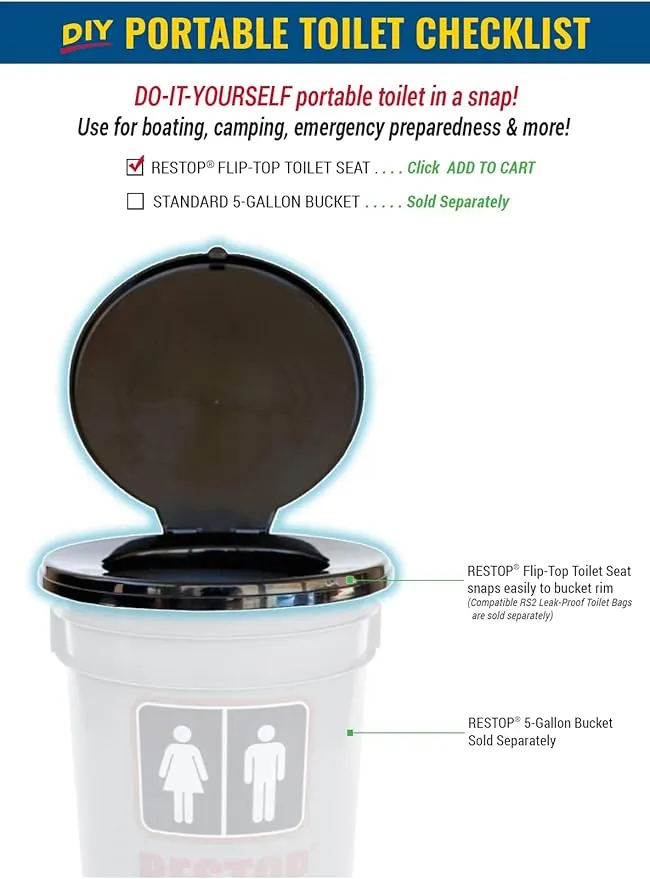 Flip-Top Portable Snap-on Toilet Seat (Commode NOT included) - Use with RESTOP Commode or Standard 5-Gallon Bucket