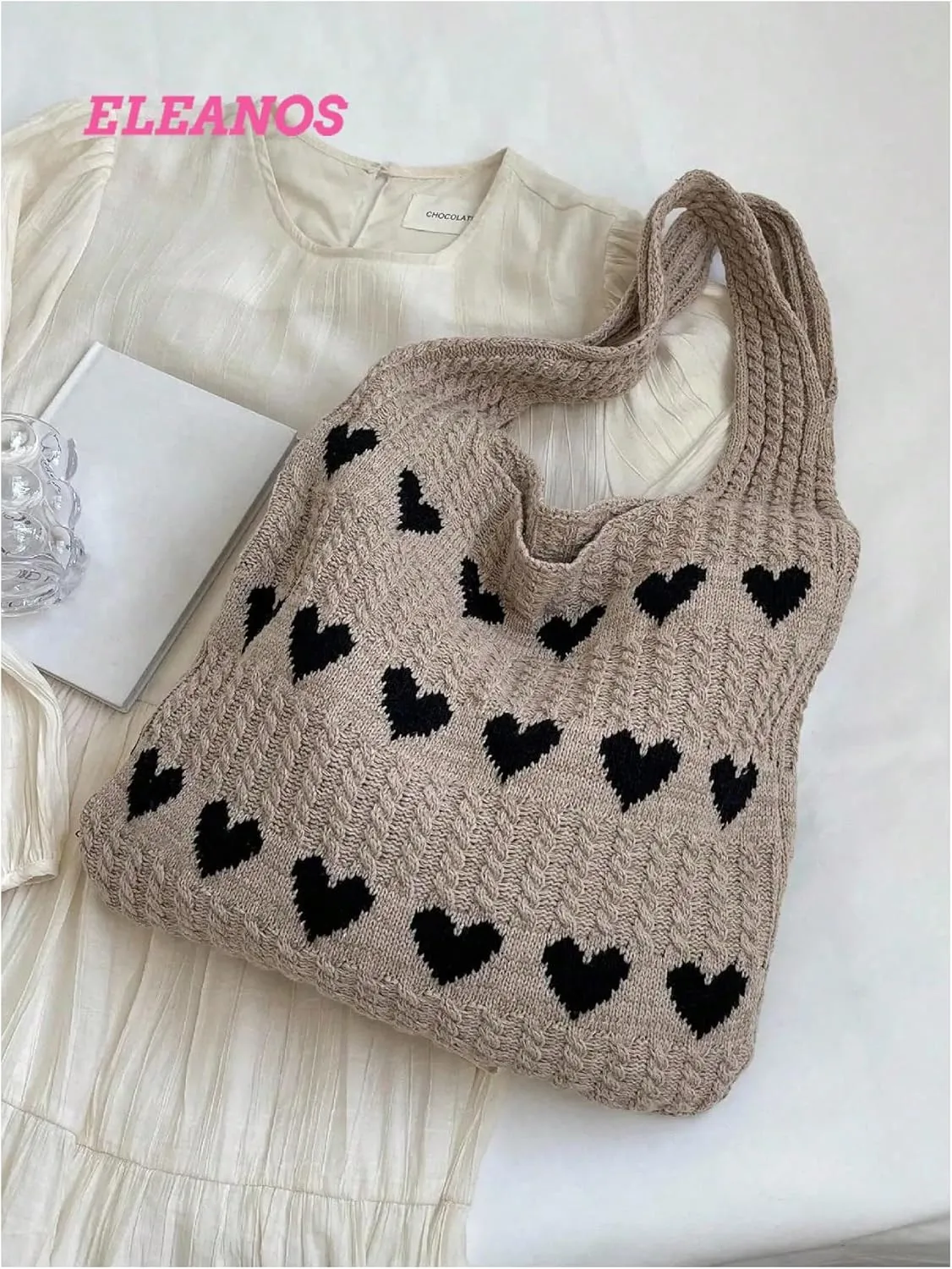 Floerns Women's Heart Crochet Shoulder Tote Bag Holiday Aesthetic Knitted Hobo Handbags
