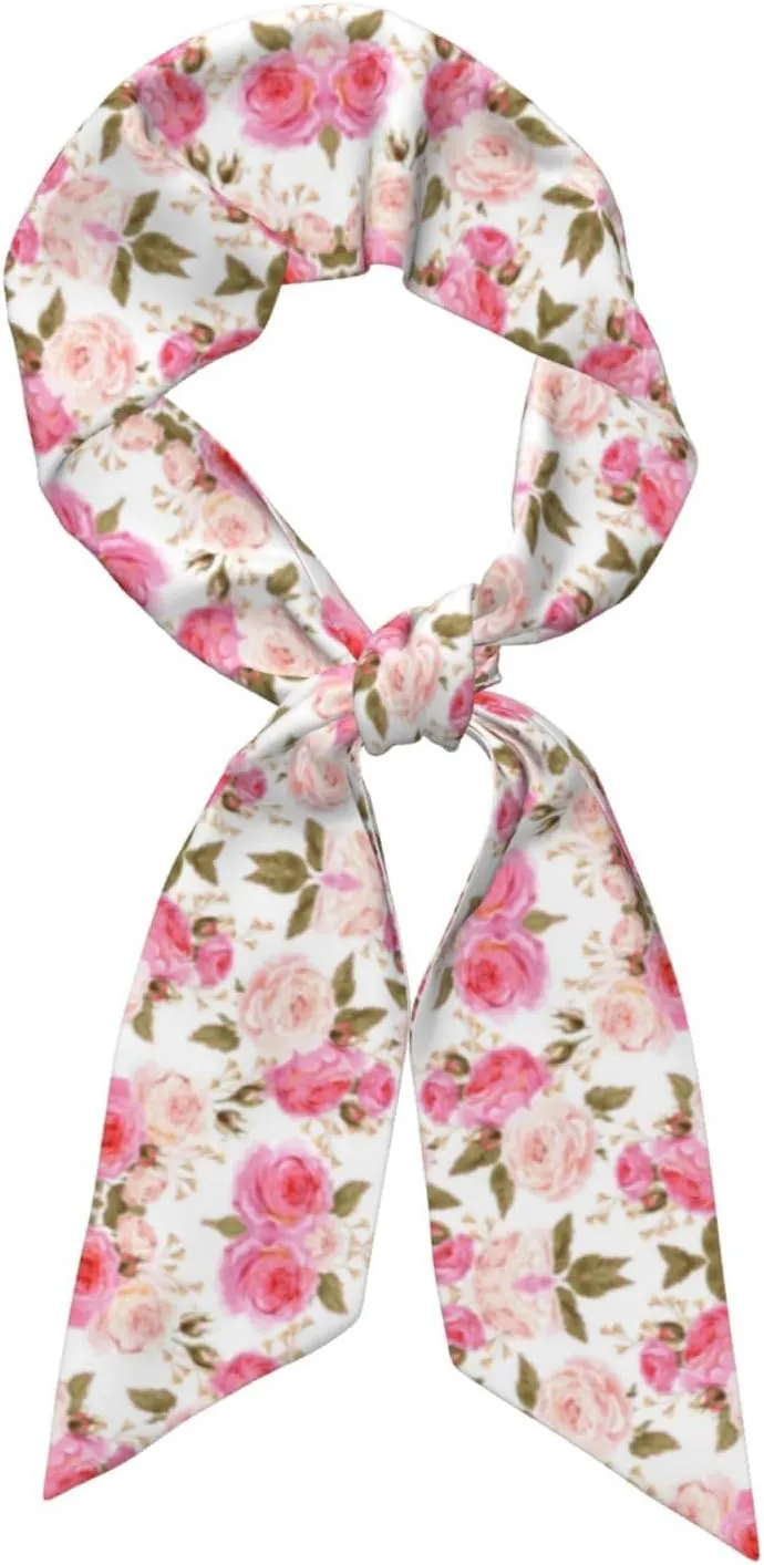 Floral Flower Rose Pink print Head Scarf Hair Neck Scarves For Women Purse Bag Handbags Silky Long Thin Satin Headscarf
