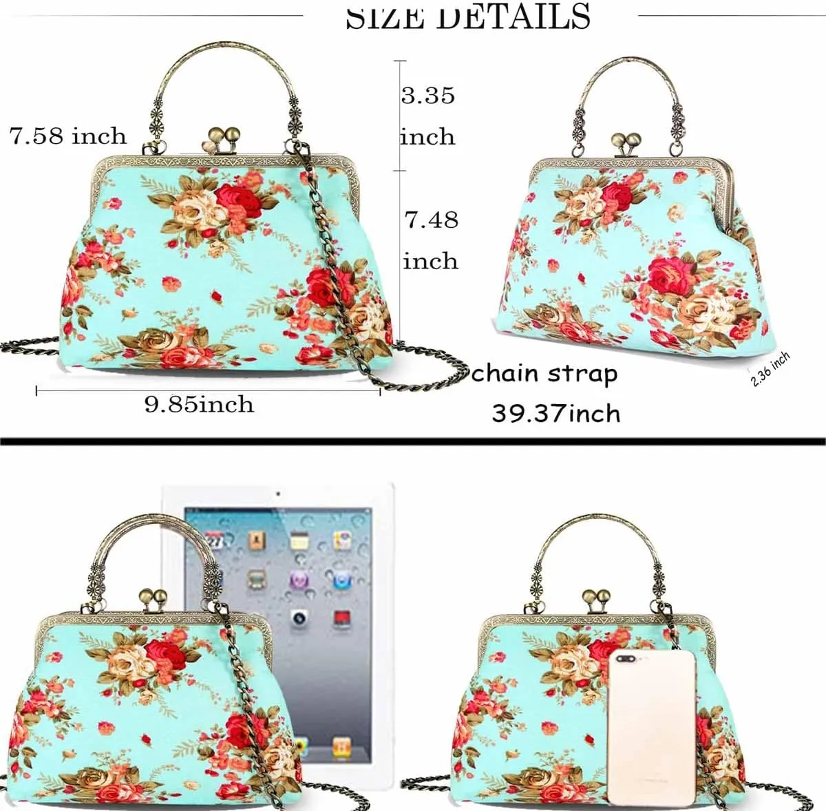 Floral Top-Handle Handbag, Kiss Lock Evening Bag for Women, Vintage Handbag