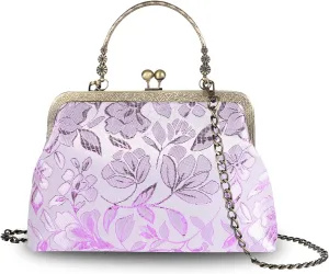 Floral Top-Handle Handbag, Kiss Lock Evening Bag for Women, Vintage Handbag