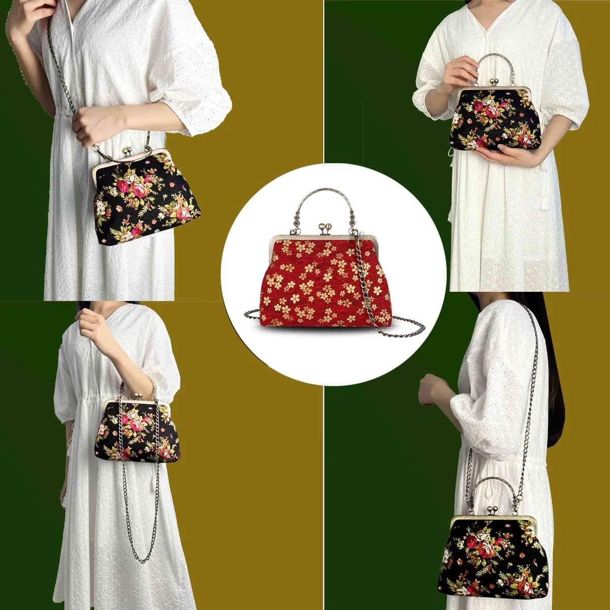 Floral Top-Handle Handbag, Kiss Lock Evening Bag for Women, Vintage Handbag