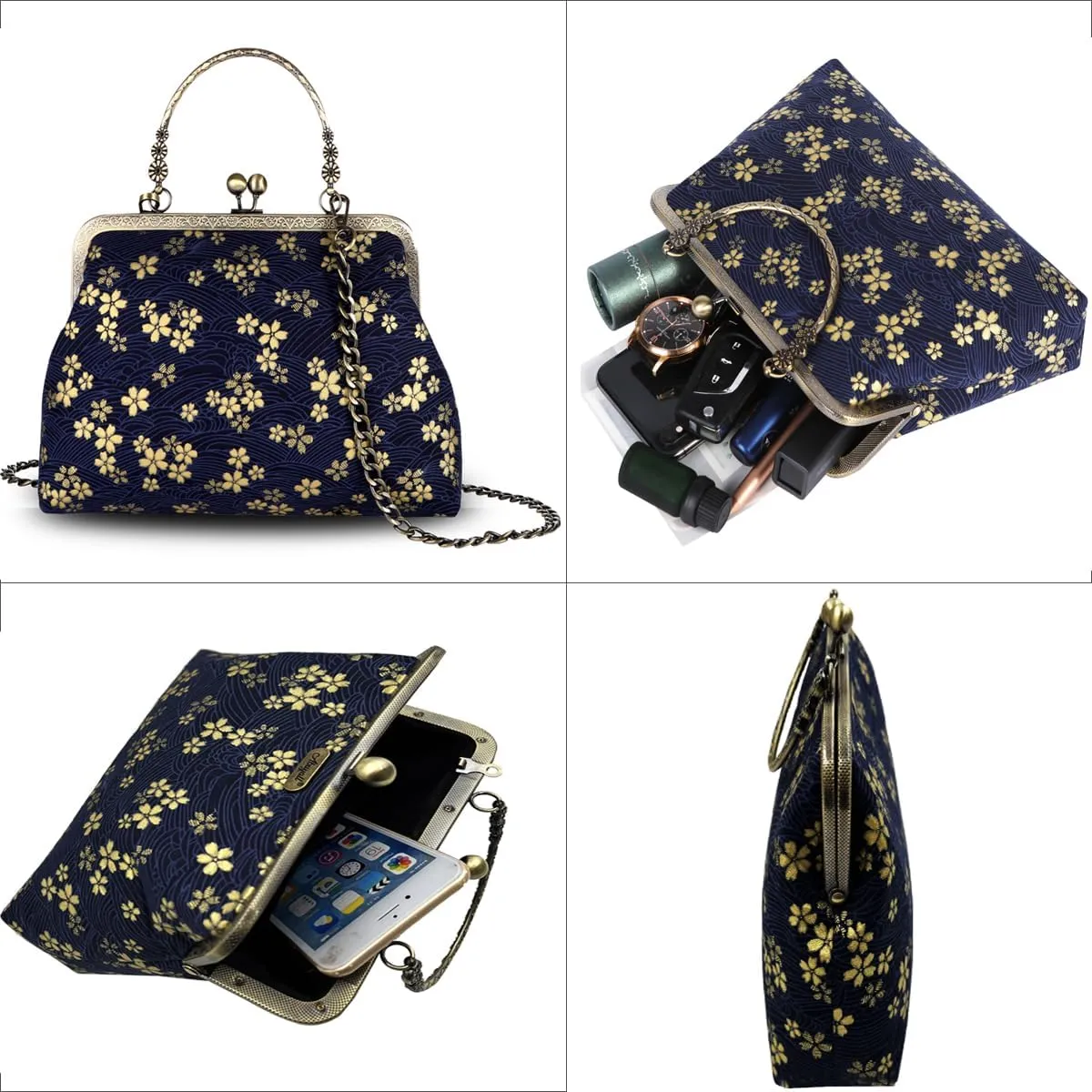 Floral Top-Handle Handbag, Kiss Lock Evening Bag for Women, Vintage Handbag