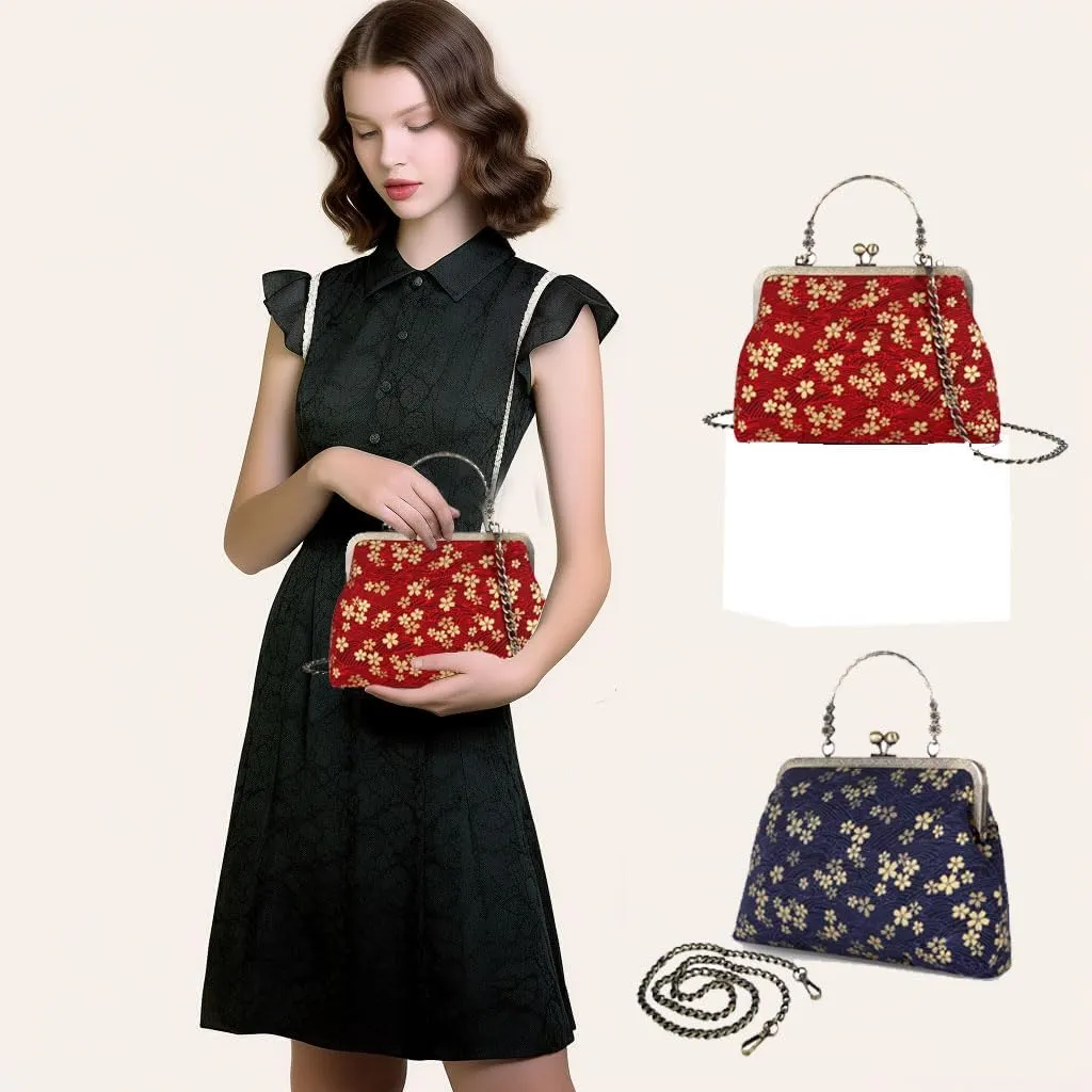 Floral Top-Handle Handbag, Kiss Lock Evening Bag for Women, Vintage Handbag