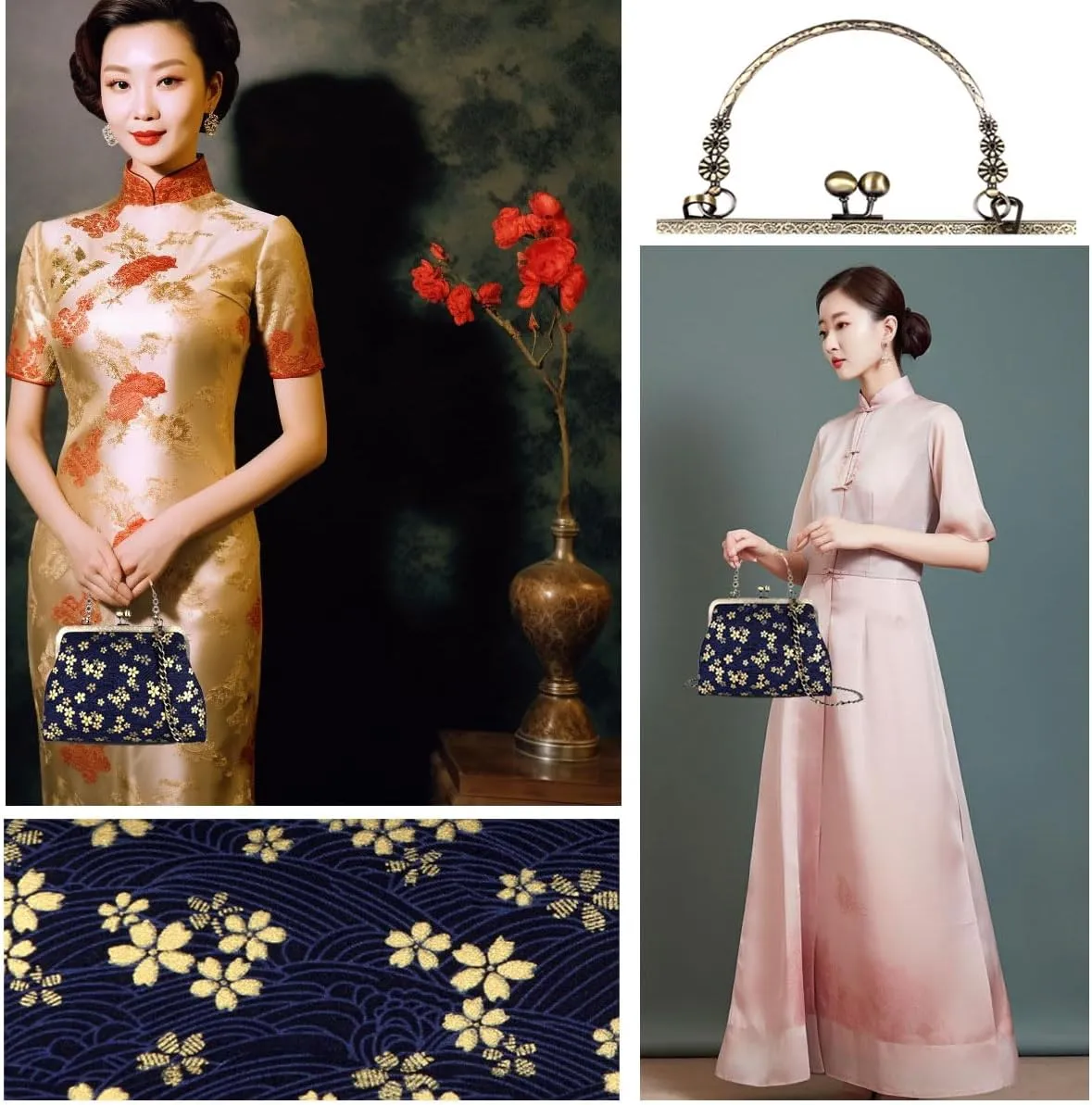 Floral Top-Handle Handbag, Kiss Lock Evening Bag for Women, Vintage Handbag
