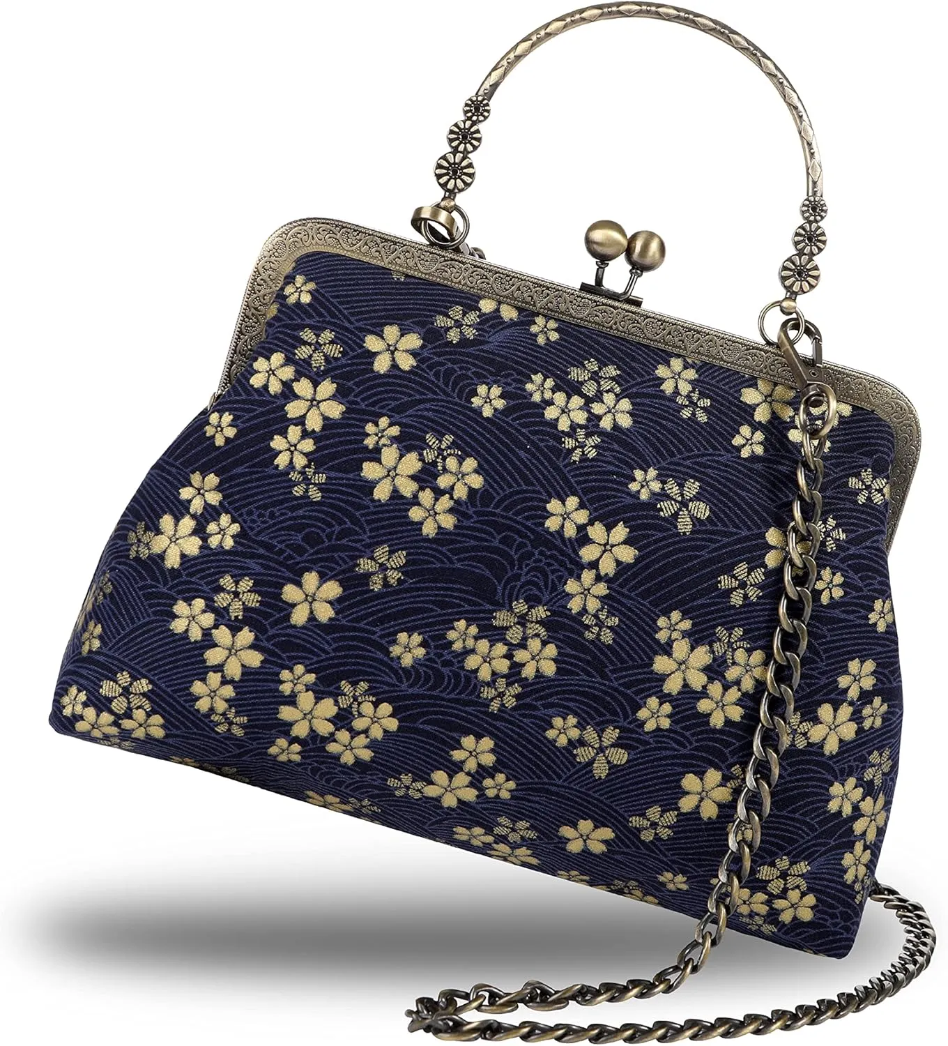 Floral Top-Handle Handbag, Kiss Lock Evening Bag for Women, Vintage Handbag