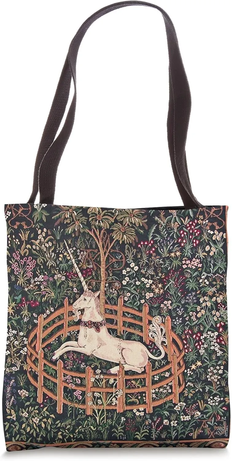 Floral Unicorn in Captivity Medieval Tapestry Woven Art Cute Tote Bag