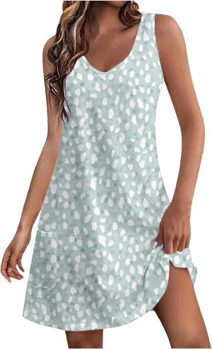 Flowy Dresses for Women Casual Sleeveless Boho Cute Sundress Crewneck Summer Beach Mini Tank Dress Vacation