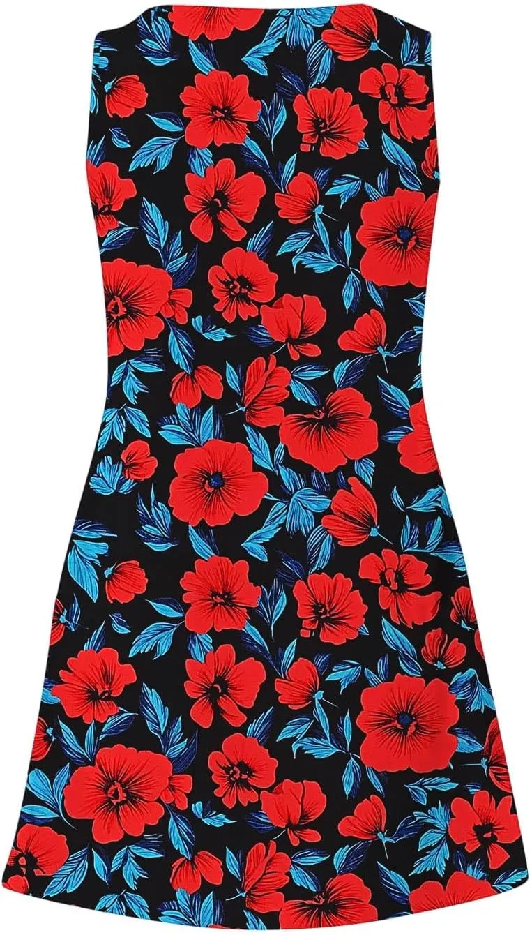 Flowy Dresses for Women Casual Sleeveless Boho Cute Sundress Crewneck Summer Beach Mini Tank Dress Vacation