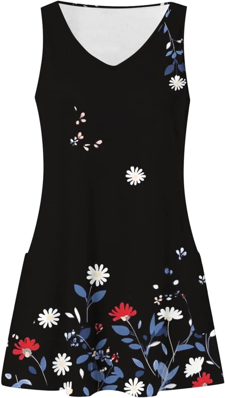 Flowy Dresses for Women Casual Sleeveless Boho Cute Sundress Crewneck Summer Beach Mini Tank Dress Vacation