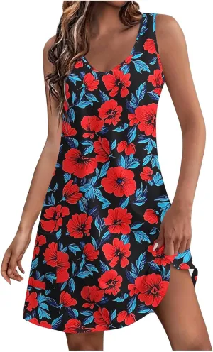 Flowy Dresses for Women Casual Sleeveless Boho Cute Sundress Crewneck Summer Beach Mini Tank Dress Vacation