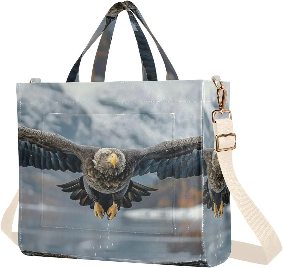 Flying Hawk Tote Bag for Women Corduroy Handbag Purse Shoulder Bag with Detachable Strap Small Size