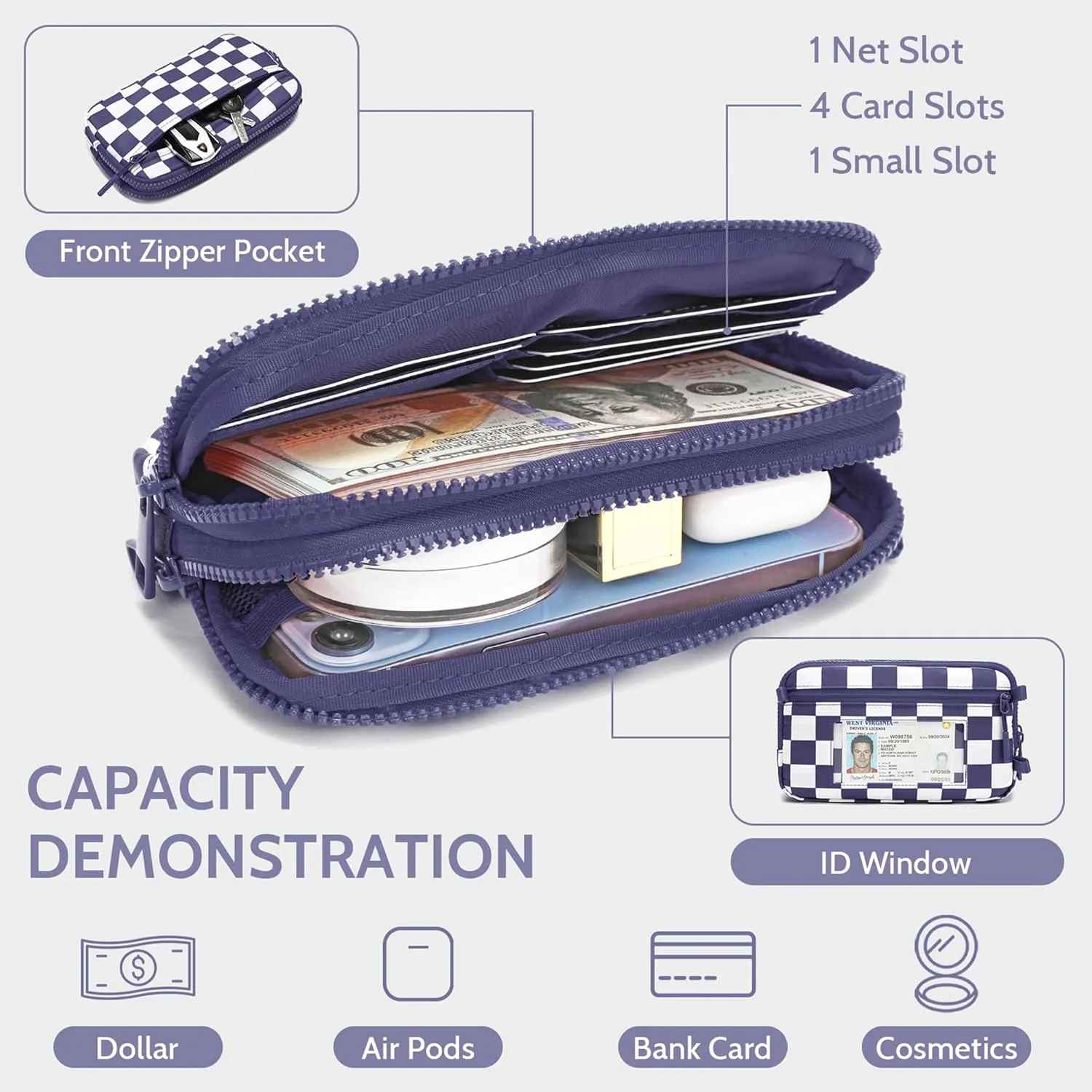 FODOKO Wristlet wallets for women Nylon Quilted Wallet with 4 Zippers,Travel Credit Card,Holder Cell Phone Organizer,coin purse