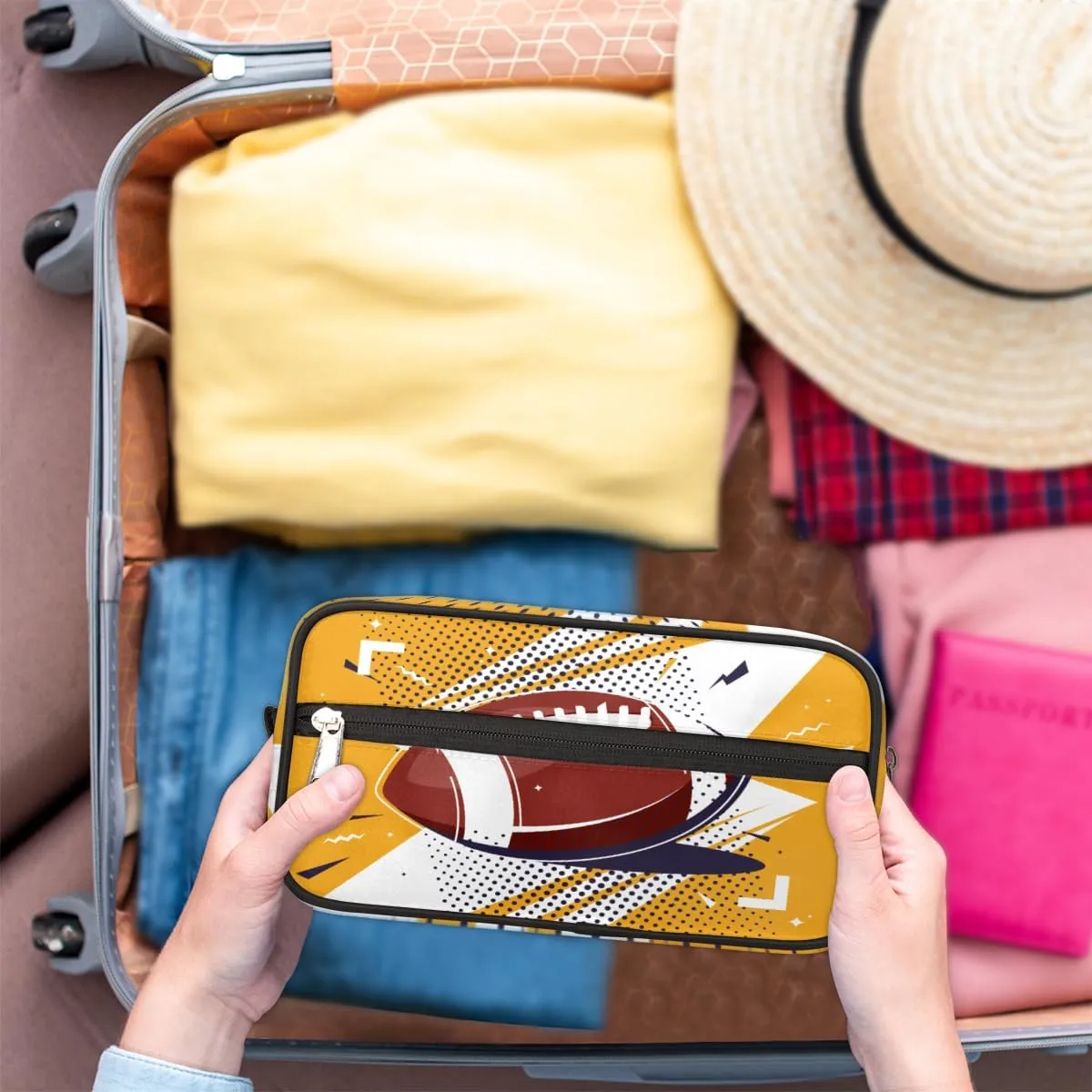 Football Travel Toiletry Bag for Boys Men, Waterproof Hanging Dopp Kit for Women, Shaving Bag with Large Capacity for Travel,Sports Shower (Yellow)