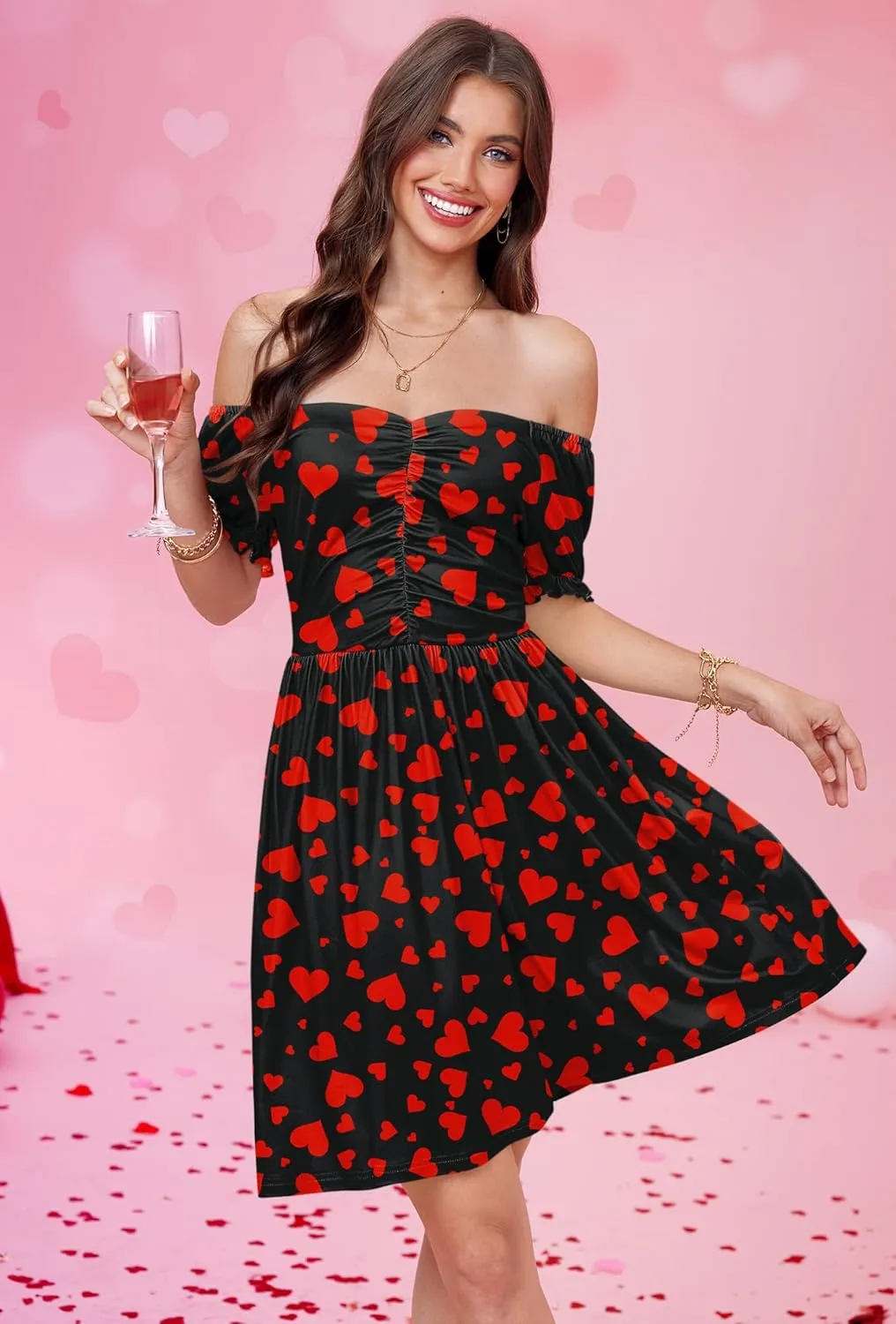 For G and PL Women's Valentine's Heart Print Ruched Puff Sleeves 1950s Swing Dress