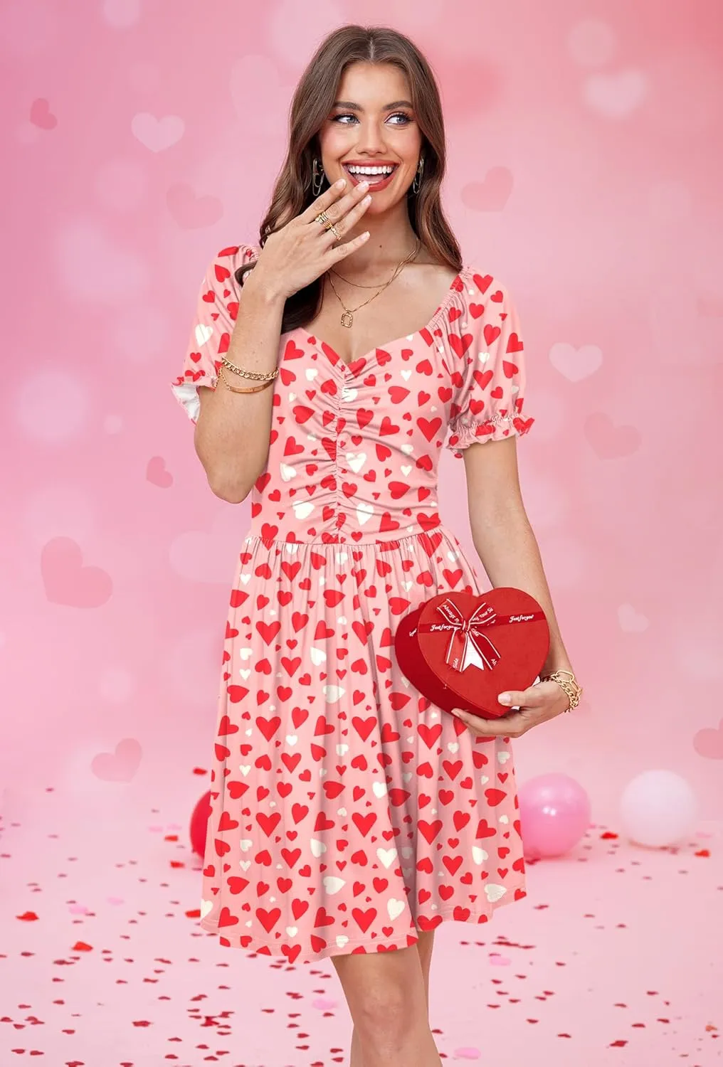 For G and PL Women's Valentine's Heart Print Ruched Puff Sleeves 1950s Swing Dress