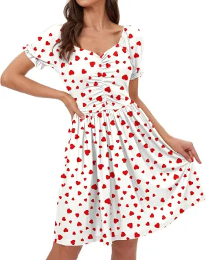 For G and PL Women's Valentine's Heart Print Ruched Puff Sleeves 1950s Swing Dress