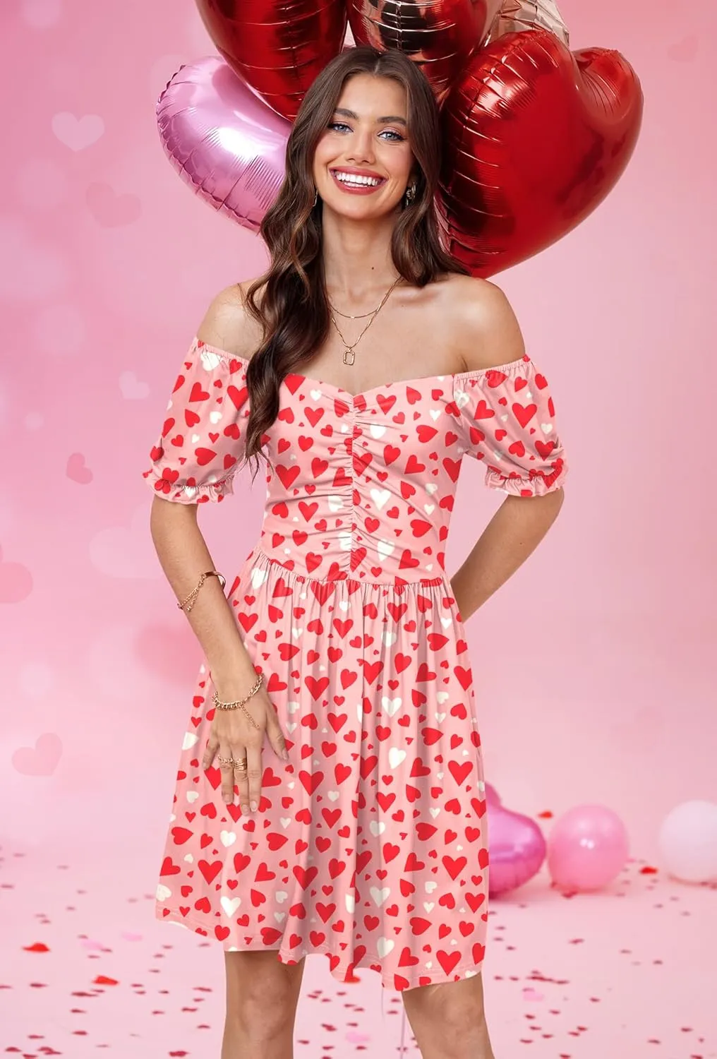For G and PL Women's Valentine's Heart Print Ruched Puff Sleeves 1950s Swing Dress