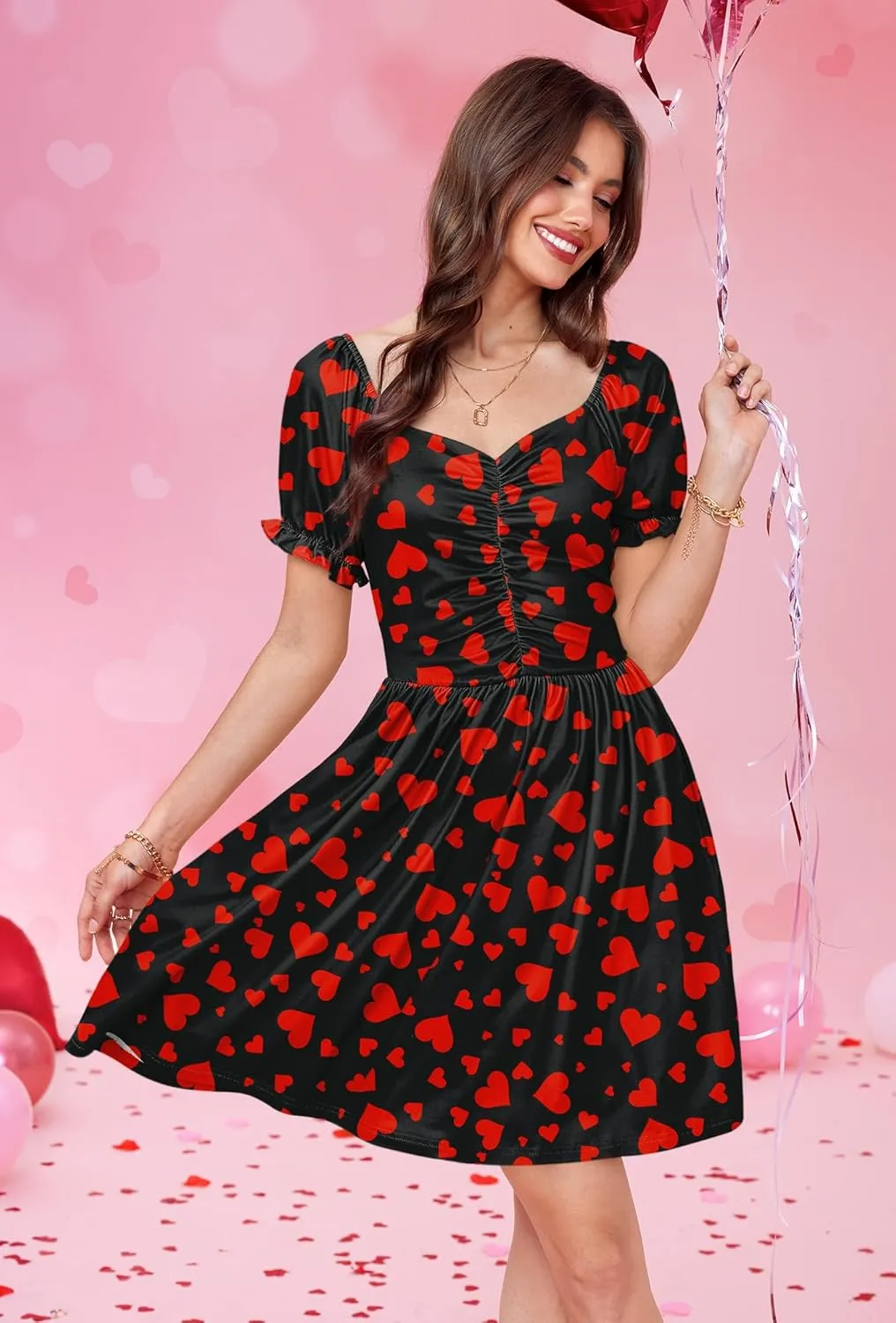 For G and PL Women's Valentine's Heart Print Ruched Puff Sleeves 1950s Swing Dress