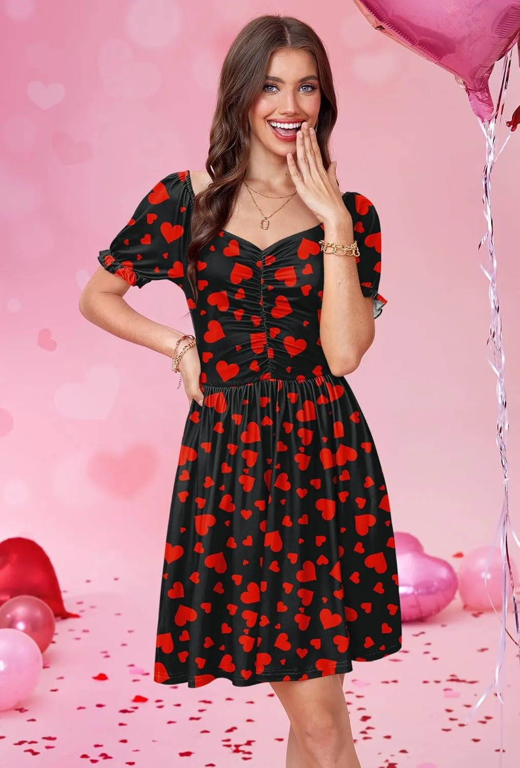 For G and PL Women's Valentine's Heart Print Ruched Puff Sleeves 1950s Swing Dress