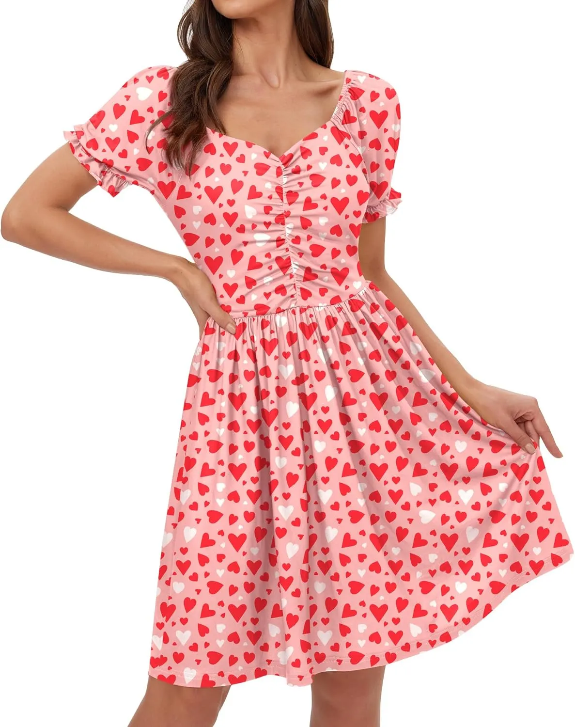 For G and PL Women's Valentine's Heart Print Ruched Puff Sleeves 1950s Swing Dress