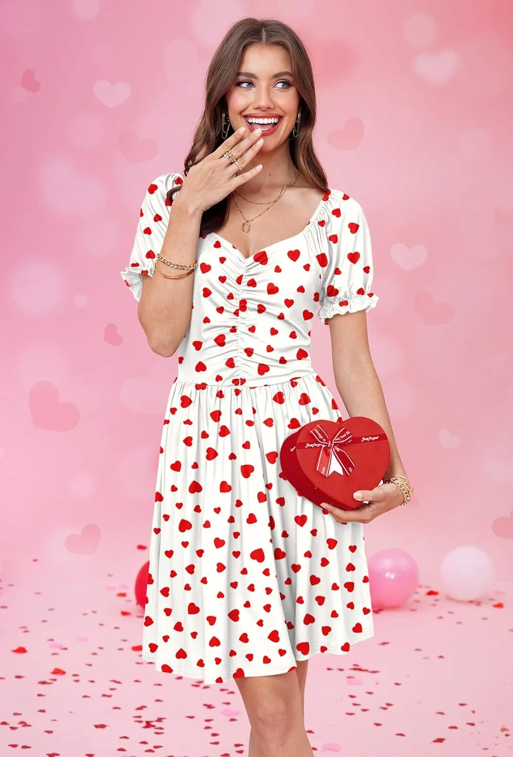 For G and PL Women's Valentine's Heart Print Ruched Puff Sleeves 1950s Swing Dress