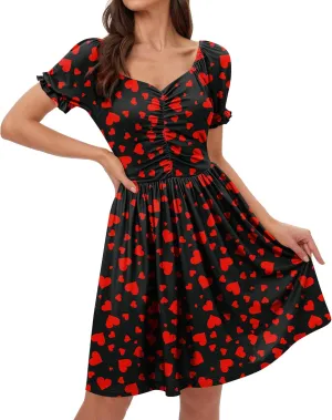 For G and PL Women's Valentine's Heart Print Ruched Puff Sleeves 1950s Swing Dress