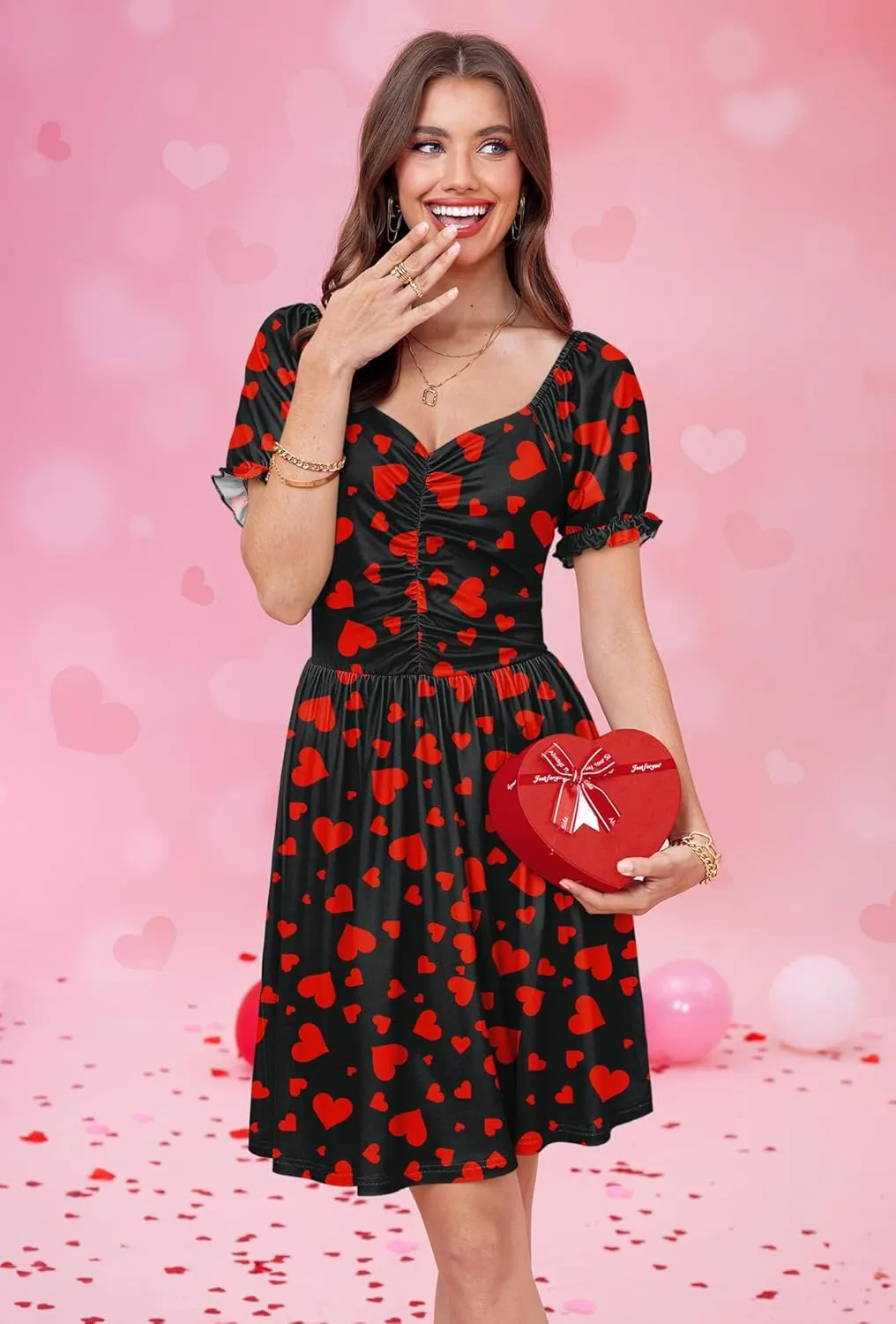 For G and PL Women's Valentine's Heart Print Ruched Puff Sleeves 1950s Swing Dress