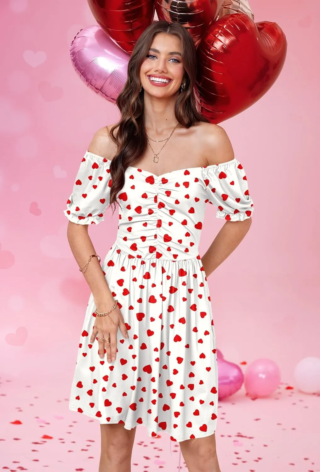 For G and PL Women's Valentine's Heart Print Ruched Puff Sleeves 1950s Swing Dress