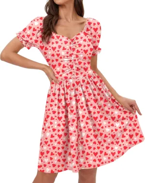 For G and PL Women's Valentine's Heart Print Ruched Puff Sleeves 1950s Swing Dress