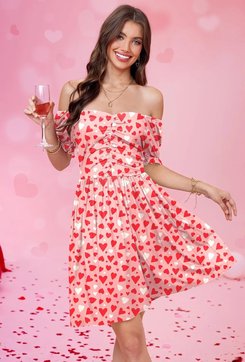 For G and PL Women's Valentine's Heart Print Ruched Puff Sleeves 1950s Swing Dress