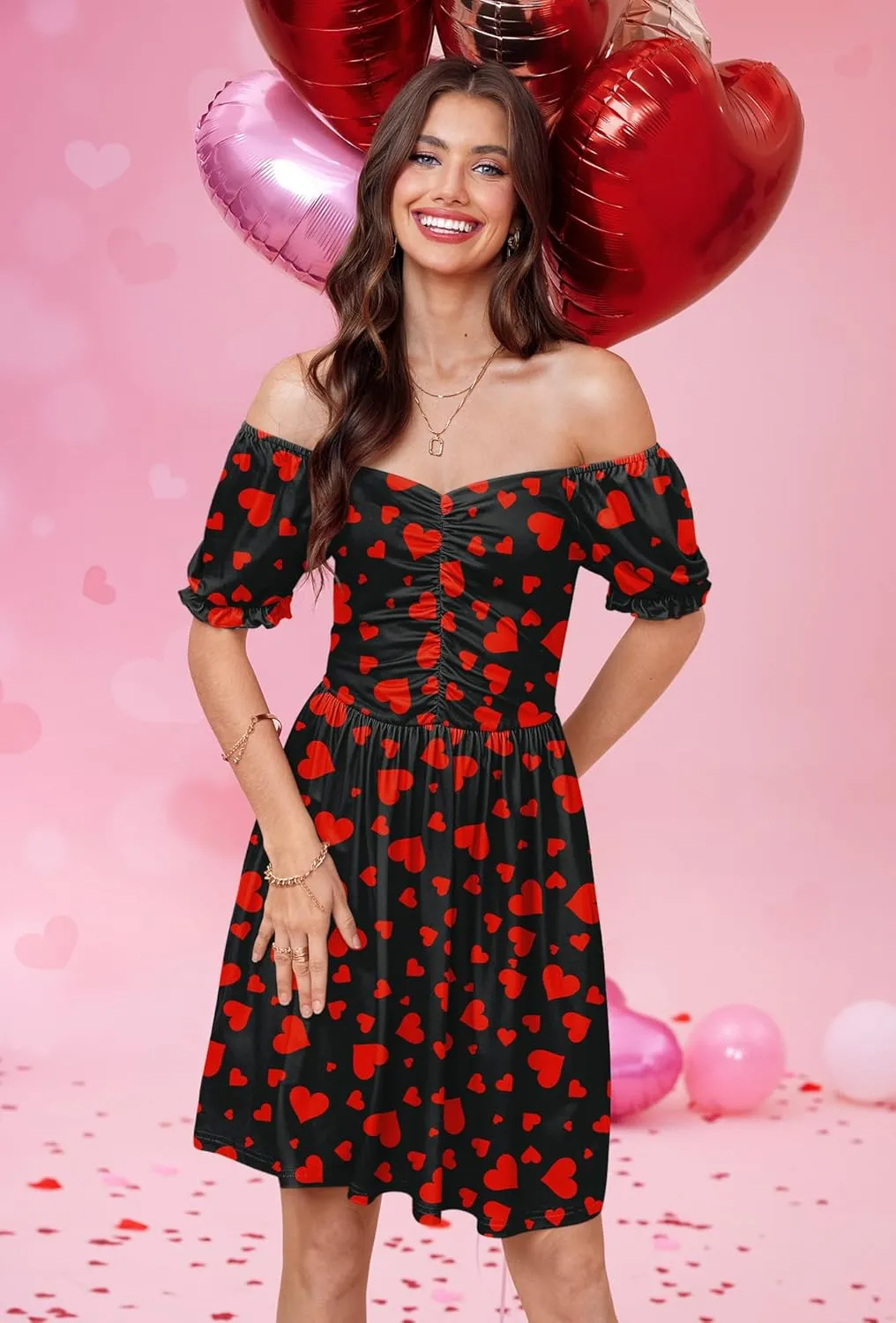 For G and PL Women's Valentine's Heart Print Ruched Puff Sleeves 1950s Swing Dress