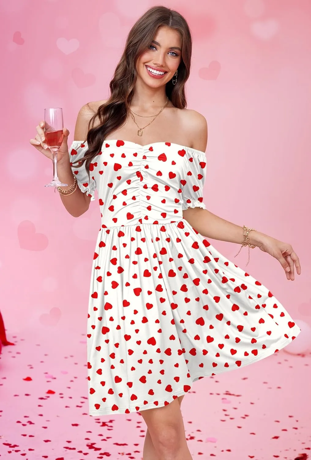 For G and PL Women's Valentine's Heart Print Ruched Puff Sleeves 1950s Swing Dress
