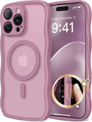 for iPhone 16 Pro Case for Women Girls, Upgraded [Full Camera Protection] [Compatible with MagSafe] Cute Wave Translucent Matte Phone Case for iPhone 16 Pro, Black Currant