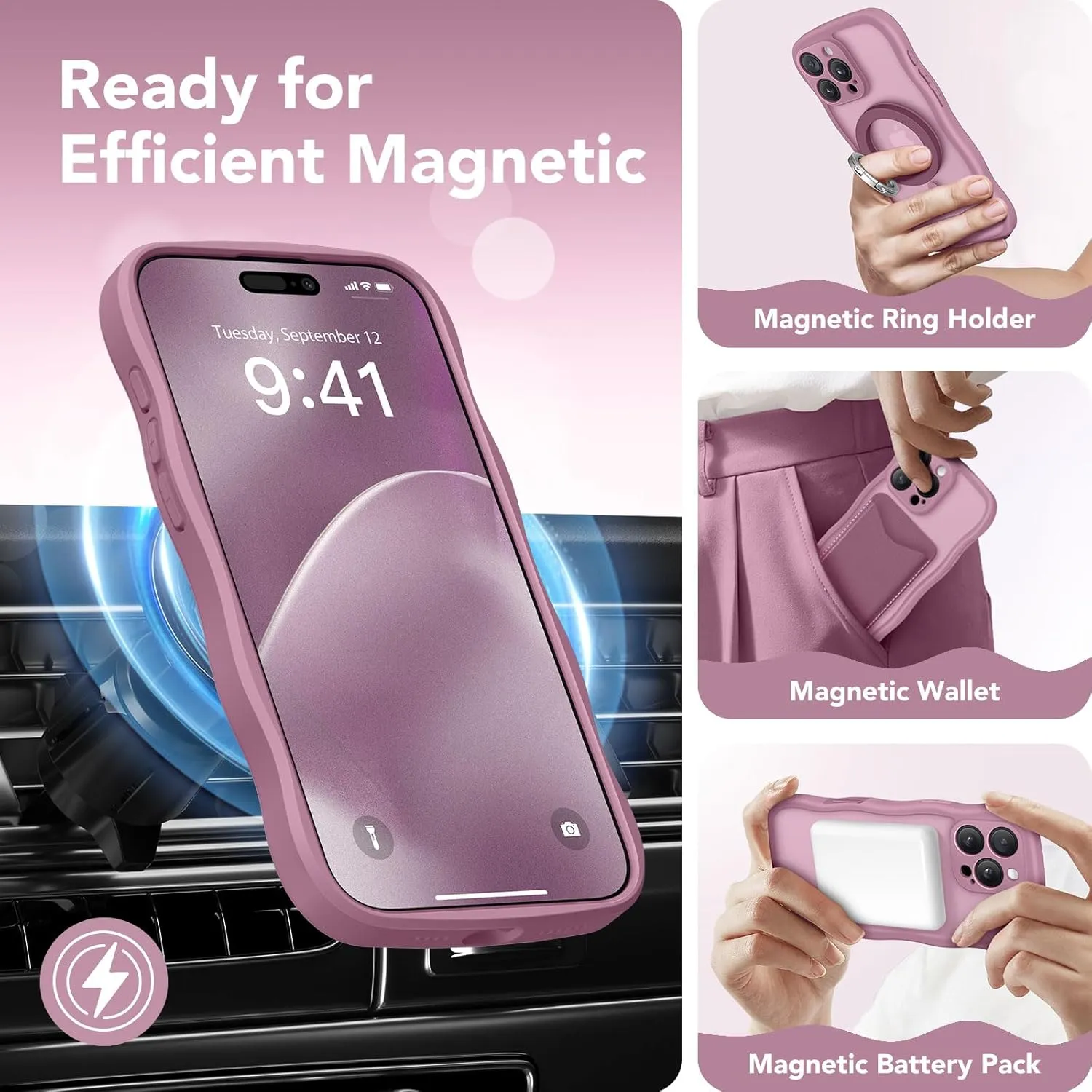 for iPhone 16 Pro Case for Women Girls, Upgraded [Full Camera Protection] [Compatible with MagSafe] Cute Wave Translucent Matte Phone Case for iPhone 16 Pro, Black Currant