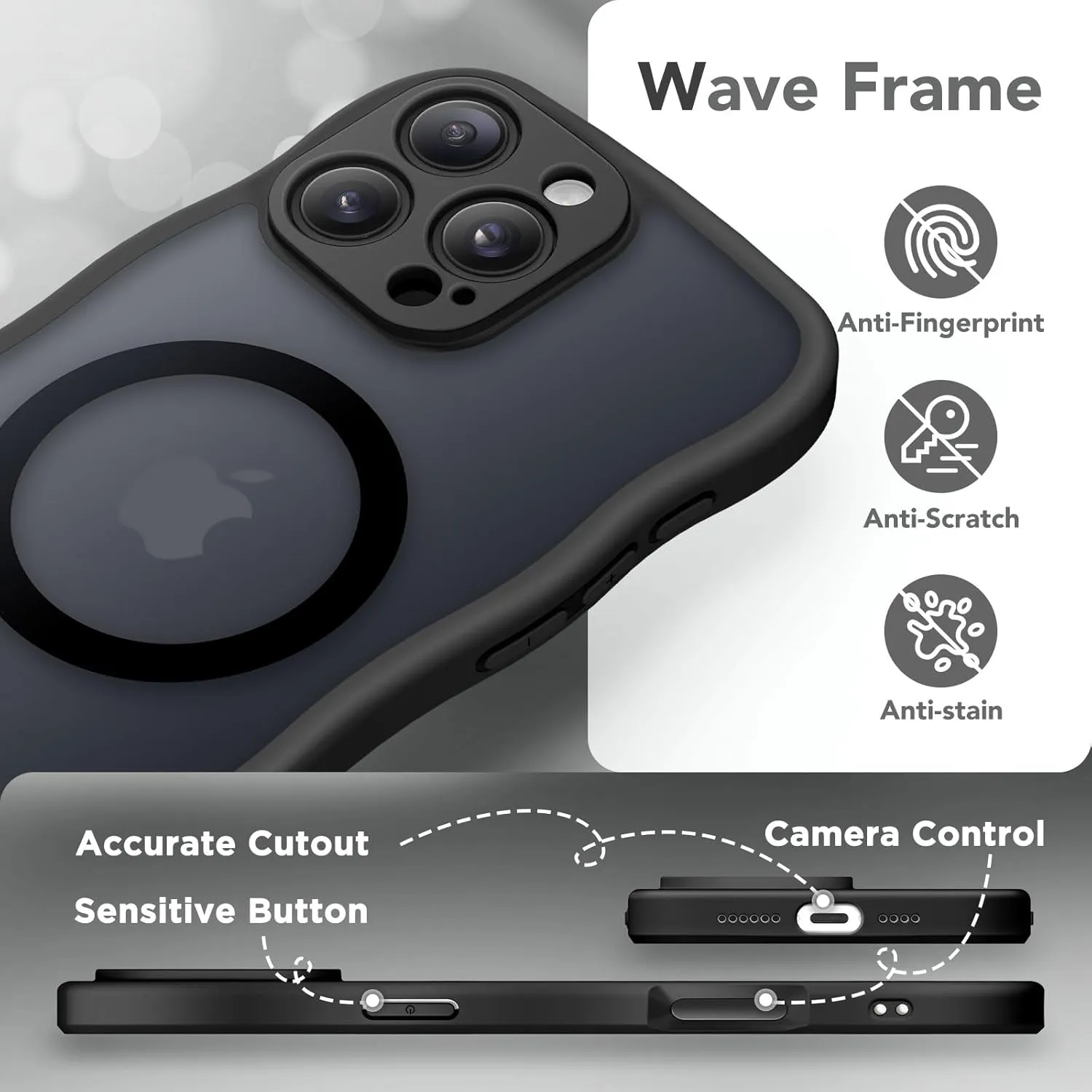 for iPhone 16 Pro Case for Women Girls, Upgraded [Full Camera Protection] [Compatible with MagSafe] Cute Wave Translucent Matte Phone Case for iPhone 16 Pro, Black